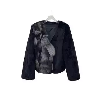 Осенне-зимнее толстое пальто из кроличьей шерсти, лисьего меха, женский темперамент, легкое роскошное короткое меховое интегрированное модное черное женское пальто M (80-60 kg)