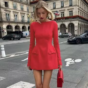 Осенне-зимнее толстое платье с круглым вырезом и длинным рукавом, женское облегающее платье А-силуэта с бантом S красный