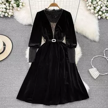 Осенне-зимнее тонкое бархатное платье трапециевидной формы с v-образным вырезом и сетчатой вышивкой, длинными рукавами и талией