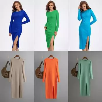 Осенне-зимнее тонкое трикотажное платье с длинными рукавами, женское длинное облегающее нижнее платье на бедрах One Size чёрный