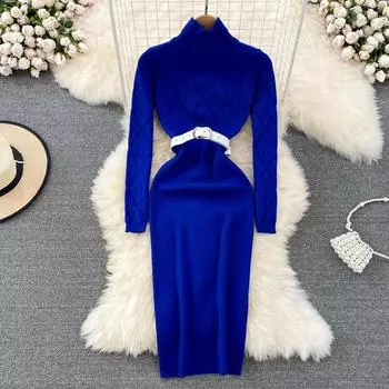 Осенне-зимнее тонкое трикотажное платье, сезон, корейская версия, полуводолазка, облегающий свитер, облегающее платье до бедра One Size синий