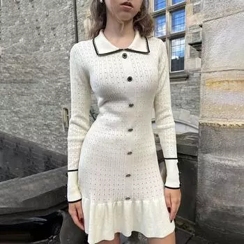 Осенне-зимнее трикотажное платье для женщин, уличная мода, высокая талия, длинный рукав, облегающее короткое платье, женская повседневная одежда для отпуска, элегантное вечернее платье S белый