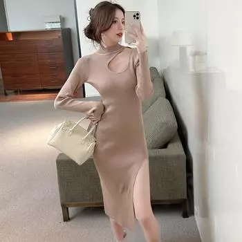 Осенне-зимнее трикотажное платье с длинным рукавом, женское, свободное, облегающее, элегантное, повседневное, однотонное, винтажное, с вырезом, сексуальное, вечернее платье 25962 One Size хаки