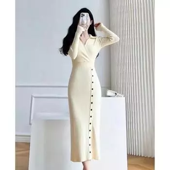 Осенне-зимнее трикотажное платье с лацканами, облегающее, длиной до колена, трикотажное платье с пальто внутри, 4 цвета ONE SIZE красный