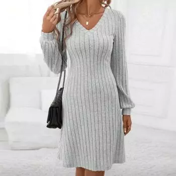 Осенне-зимнее трикотажное платье в рубчик с V-образным вырезом и длинными рукавами, мини-платье, однотонное плотное теплое платье А-силуэта, уличная одежда M темно-красного