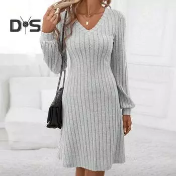 Осенне-зимнее трикотажное платье в рубчик с V-образным вырезом и длинными рукавами, мини-платье, однотонное плотное теплое платье А-силуэта, уличная одежда L темно-красного