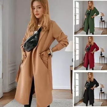 Осенне-зимнее удлиненное шерстяное женское пальто большого размера со шнуровкой M