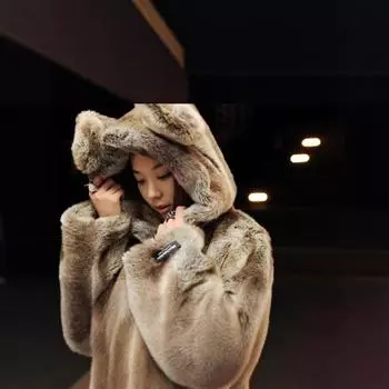 Осенне-зимнее уличное пальто с капюшоном и кроличьими ушками, женское короткое искусственное меховое плюшевое пальто из искусственного меха кролика S