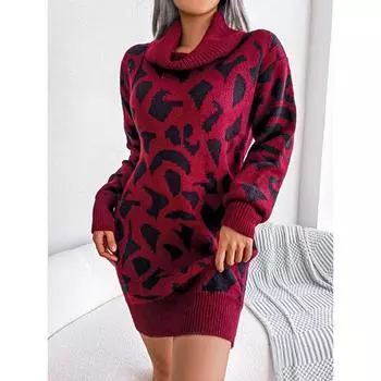 Осенне-зимнее уличное платье-свитер с высоким воротником и леопардовым принтом и длинными рукавами S чёрный