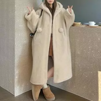 Осенне-зимнее утепленное длинное пальто с капюшоном из норки, плюшевое пальто из искусственной кожи, экологически чистый мех, универсальный Short [Length 70CM]