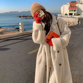 Осенне-зимнее утолщенное длинное пальто с воротником из искусственного норкового флиса, интегрированный мех, экологически чистый мех, женское пальто S (80-60 kg)