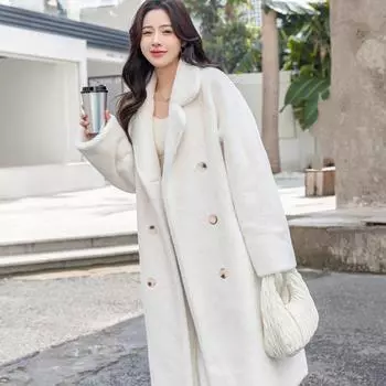 Осенне-зимнее утолщенное длинное пальто с воротником из искусственного норкового флиса, интегрированный мех, экологически чистый мех, женское пальто XS (within 55kg)