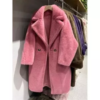 Осенне-зимнее утолщенное длинное пальто с воротником из искусственного норкового флиса, интегрированный мех, экологически чистый мех, женское пальто Average size 95-67.5 kg