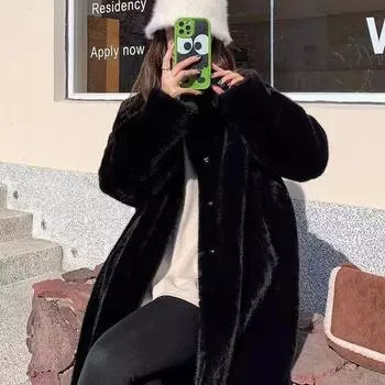 Осенне-зимнее утолщенное длинное воротник-стойка из искусственной норки, утолщенная шерсть, экологически чистая шуба, женское молодое пальто S (80-57.5 kg)