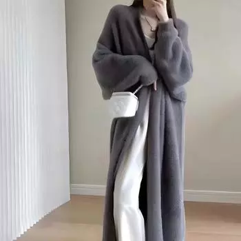 Осенне-зимнее утолщенное женское пальто из чистого искусственного норкового флиса, свободный вязаный свитер длиной до колена в стиле ленивой вязки One size серый
