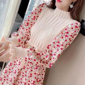 Осенне-зимнее вельветовое платье, женское трикотажное платье с длинными рукавами и цветочным принтом, милое платье трапециевидной формы с поясом S