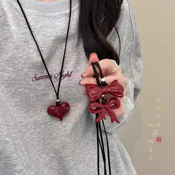 Осенне-зимнее винно-красное ленточное ожерелье с подвеской-бантом Женское любовное колье Ankola Красная длинная цепочка для свитера Универсальные аксессуары