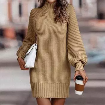 Осенне-зимнее винтажное трикотажное платье с рукавами-фонариками, женское элегантное свободное облегающее платье-свитер, женское повседневное платье для вечеринок и клубов, сексуальное женское платье 25126 S серый