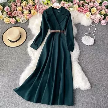 Осенне-зимнее винтажное вельветовое платье с воротником и модным темпераментным талией, тонкое шоу, высокое платье S зелёный