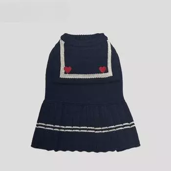 Осенне-зимнее вязаное платье для домашних животных Одежда для домашних животных Собачий темно-синий воротник Плиссированное платье Теплый свитер для маленьких и средних собак Щенок S