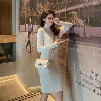 Осенне-зимнее вязаное платье с высоким воротником для женщин, однотонное, с длинным рукавом, средней длины One Size чёрный