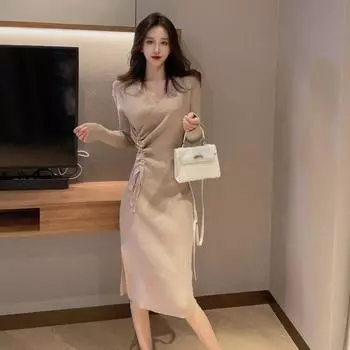 Осенне-зимнее вязаное платье-свитер для женщин Хепберн, однотонный свитер с перчатками, пуловер с v-образным вырезом и длинными рукавами, женские топы One Size чёрный