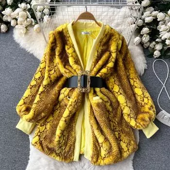 Осенне-зимнее вязаное плюшевое пальто с пряжкой на талии и пряжкой на талии