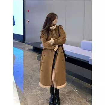 Осенне-зимнее замшевое твидовое пальто средней длины из овечьей шерсти с ворсом, женское твидовое пальто с меховой отделкой S