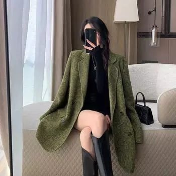 Осенне-зимнее зеленое шерстяное пальто Женский корейский костюм миди шерстяное пальто M