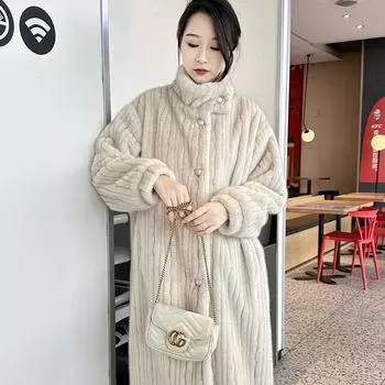 Осенне-зимнее женское экологически чистое меховое новое темпераментное ленивое ветровое норковое длинное пальто шерстяное пальто женское утолщенное S бежевый