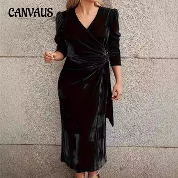 Осенне-зимнее женское элегантное повседневное платье с V-образным вырезом и длинными рукавами S чёрный