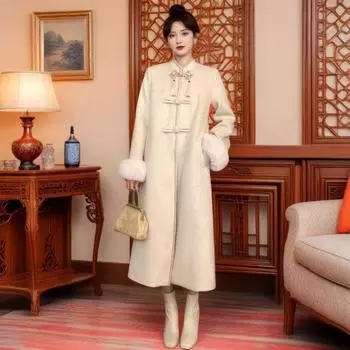 Осенне-зимнее женское элегантное приталенное шерстяное пальто в традиционном стиле с вертикальным воротником и пряжкой на колене S хаки