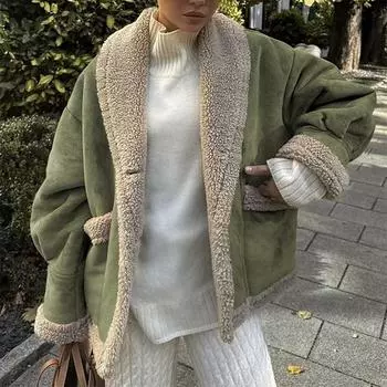 Осенне-зимнее женское американское ретро-пальто с лацканами и свободным верхом L армия зеленый