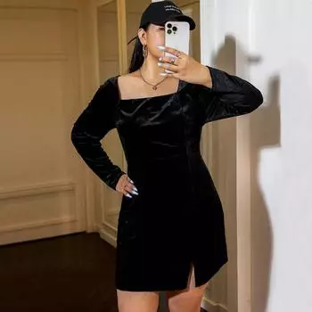 Осенне-зимнее женское бархатное платье с квадратным воротником и длинными рукавами с разрезом, темпераментное модное сексуальное вечернее платье с запахом на бедрах, тонкое черное платье больших размеров XL чёрный