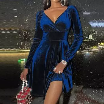 Осенне-зимнее женское бархатное платье с V-образным вырезом и длинными рукавами, рождественское платье с высокой талией, вечернее платье А-силуэта L синий