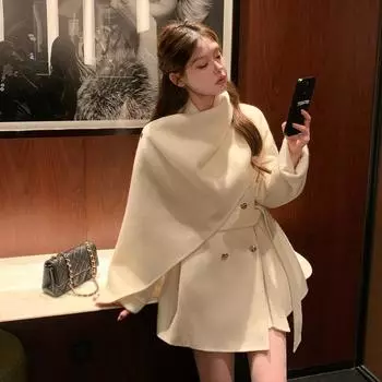 Осенне-зимнее женское большое шерстяное пальто-шаль S чёрный