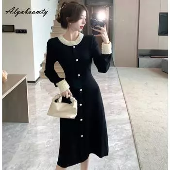 Осенне-зимнее женское черное платье-свитер с круглым вырезом, великолепное вязаное платье с бисером, роскошное праздничное трикотажное платье с нежным жемчугом One Size чёрный