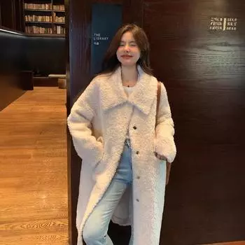 Осенне-зимнее женское длинное шерстяное пальто с большими лацканами S темно-коричневого