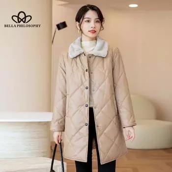 Осенне-зимнее женское хлопковое кожаное пальто средней длины из искусственной норки с лацканами, утолщенное женское пальто большого размера XL абрикосовый