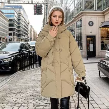 Осенне-зимнее женское хлопковое пальто средней длины, повседневная толстая теплая одежда на хлопковой подкладке, однотонная верхняя одежда с капюшоном, модная уличная одежда M чёрный