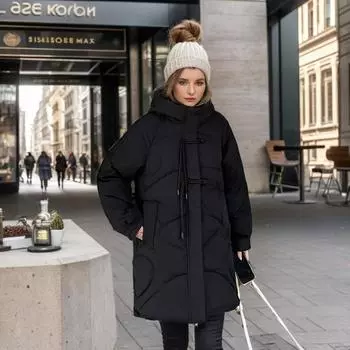 Осенне-зимнее женское хлопковое пальто средней длины, повседневная толстая теплая одежда на хлопковой подкладке, однотонная верхняя одежда с капюшоном, модная уличная одежда M чёрный