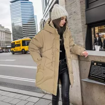 Осенне-зимнее женское хлопковое пальто средней длины, повседневная толстая теплая одежда на хлопковой подкладке, однотонная верхняя одежда с капюшоном, модная уличная одежда M чёрный