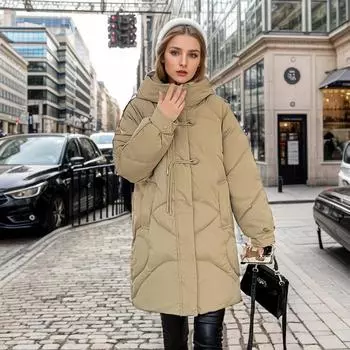 Осенне-зимнее женское хлопковое пальто средней длины, повседневная толстая теплая одежда на хлопковой подкладке, однотонная верхняя одежда с капюшоном, модная уличная одежда M хаки