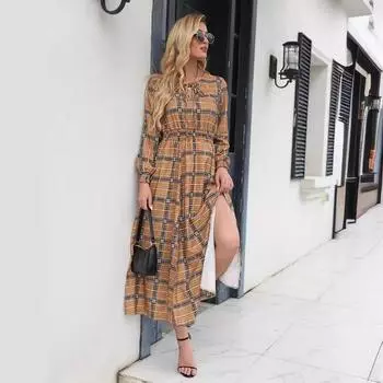 Осенне-зимнее женское клетчатое платье с разрезом на талии, средней длины, с длинными рукавами S жёлтый