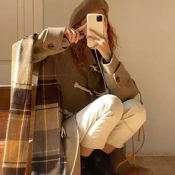 Осенне-зимнее женское корейское издание, тонкое пальто на пуговицах с коровьим рогом, студенческое пальто, маленькое пальто средней длины M дубильная кора