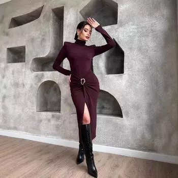 Осенне-зимнее женское модное однотонное платье с высоким воротом и плиссированным дизайном S чёрный