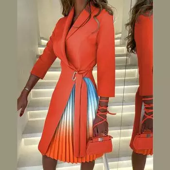 Осенне-зимнее женское модное платье с V-образным вырезом и завязками на талии со средними рукавами и складками S