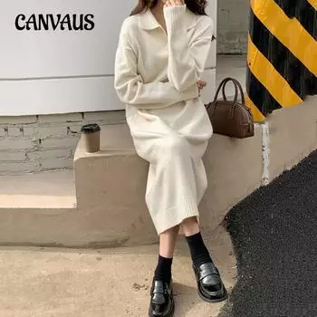 Осенне-зимнее женское нижнее платье с воротником-поло, длинный свитер выше колена, свободный свитер, трикотажные платья One Size белый