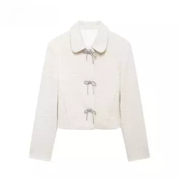 Осенне-зимнее женское облегающее текстурированное короткое пальто с небольшими ароматными лацканами и пуговицами L белый