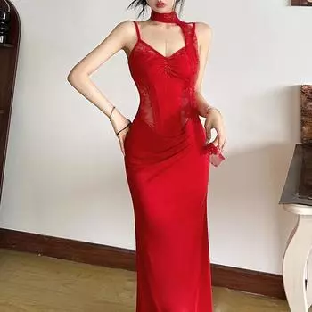 Осенне-зимнее женское облегающее уличное платье без рукавов с высокой талией S красный